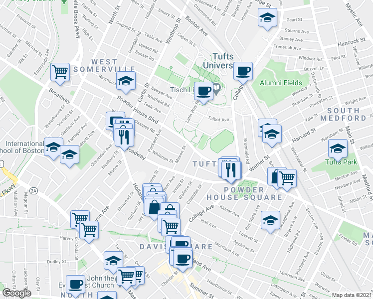 map of restaurants, bars, coffee shops, grocery stores, and more near 30 Lower Campus Road in Somerville