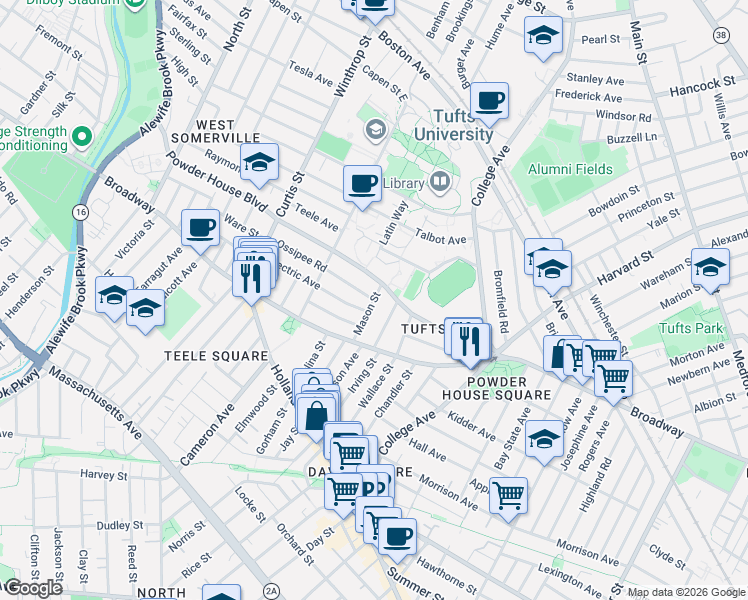 map of restaurants, bars, coffee shops, grocery stores, and more near 30 Lower Campus Road in Somerville
