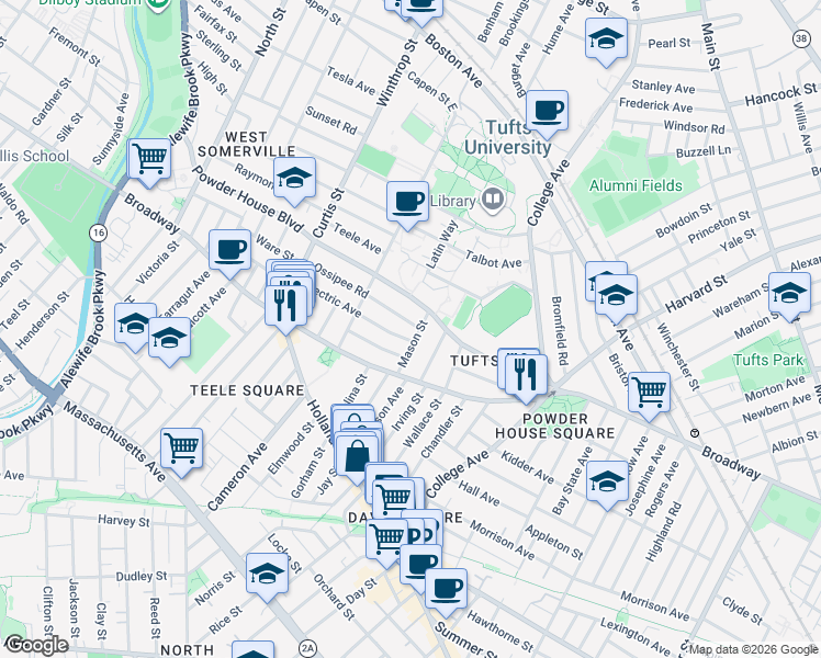 map of restaurants, bars, coffee shops, grocery stores, and more near 23 Ossipee Road in Somerville
