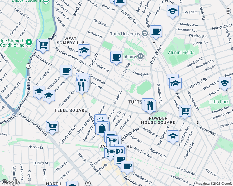 map of restaurants, bars, coffee shops, grocery stores, and more near 23 Ossipee Road in Somerville