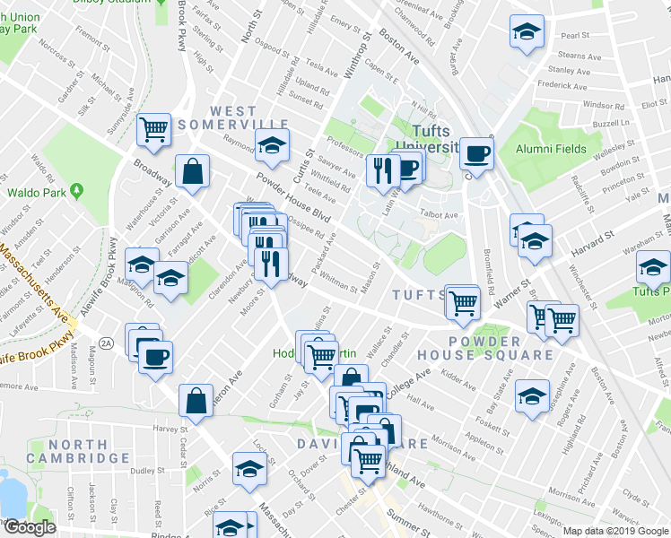 map of restaurants, bars, coffee shops, grocery stores, and more near 35 Packard Avenue in Somerville