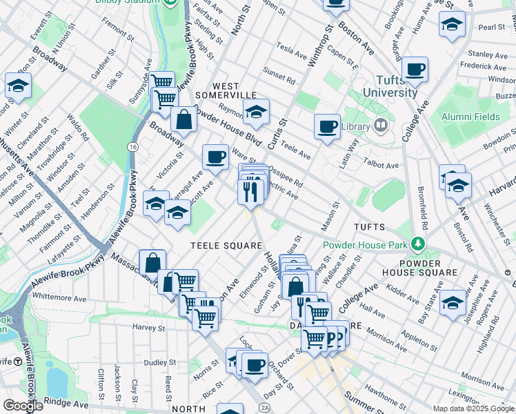 map of restaurants, bars, coffee shops, grocery stores, and more near 5 Curtis Street in Somerville