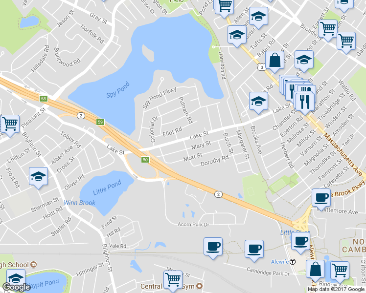 map of restaurants, bars, coffee shops, grocery stores, and more near 155 Lake Street in Arlington