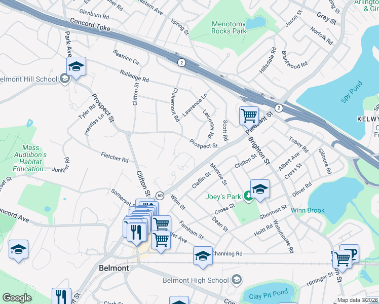 map of restaurants, bars, coffee shops, grocery stores, and more near 5 Richmond Road in Belmont