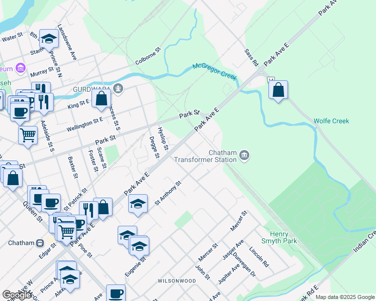 map of restaurants, bars, coffee shops, grocery stores, and more near 370 Park Avenue East in Chatham