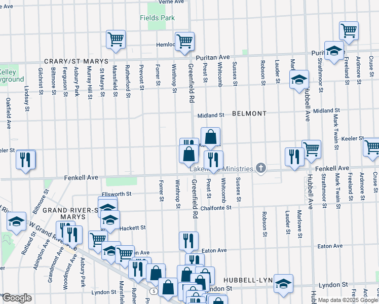 map of restaurants, bars, coffee shops, grocery stores, and more near 15372 Greenfield Road in Detroit