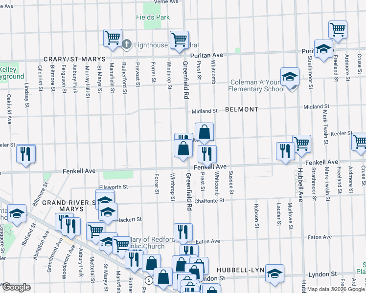 map of restaurants, bars, coffee shops, grocery stores, and more near 15372 Greenfield Road in Detroit