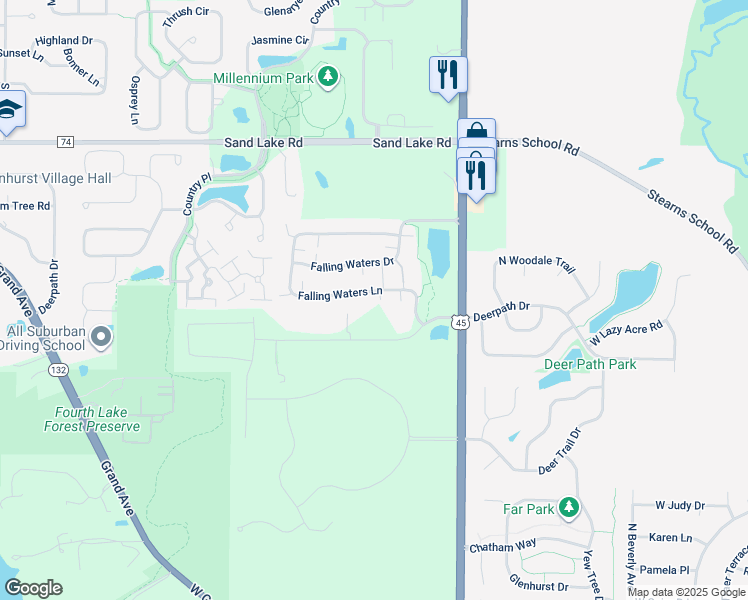 map of restaurants, bars, coffee shops, grocery stores, and more near 3149 Falling Waters Lane in Lindenhurst