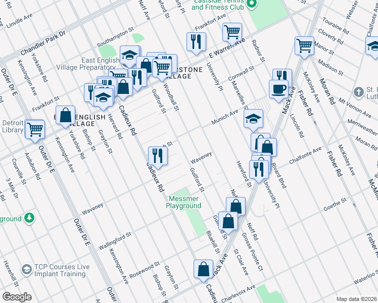map of restaurants, bars, coffee shops, grocery stores, and more near 4390 Guilford Street in Detroit