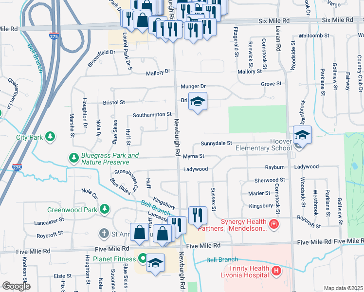 map of restaurants, bars, coffee shops, grocery stores, and more near 16008 Newburgh Road in Livonia