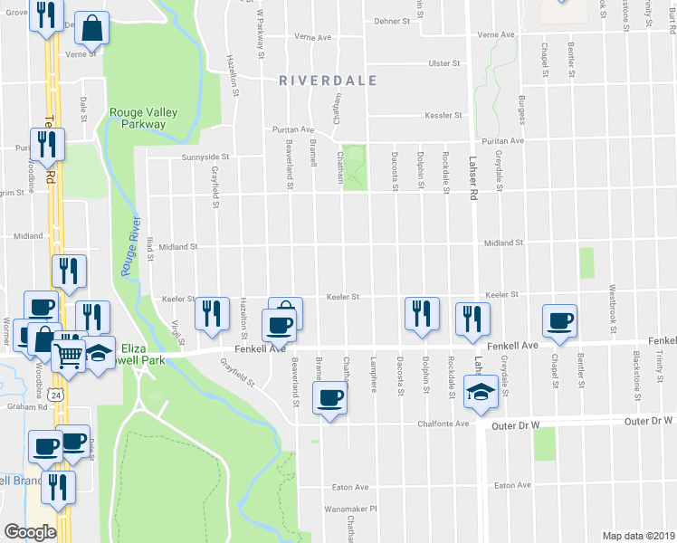 map of restaurants, bars, coffee shops, grocery stores, and more near 15455 Chatham in Detroit