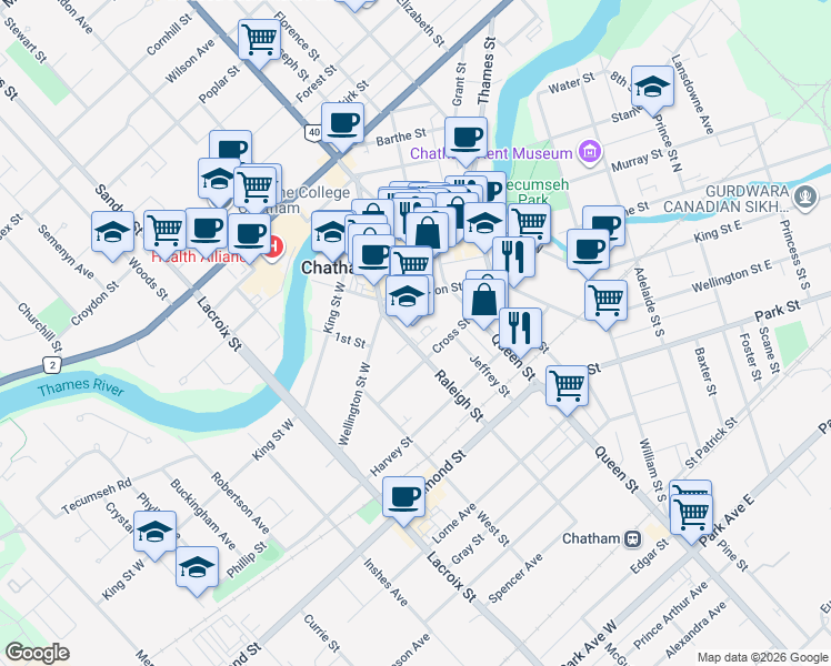 map of restaurants, bars, coffee shops, grocery stores, and more near 25 Raleigh Street in Chatham