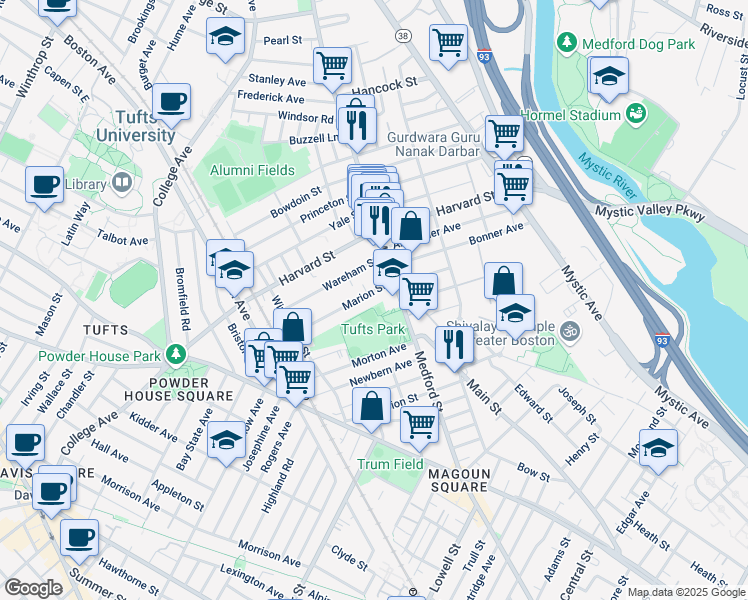 map of restaurants, bars, coffee shops, grocery stores, and more near 419 Main Street in Medford