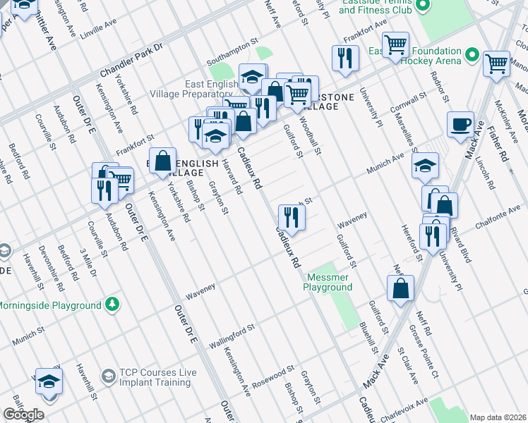 map of restaurants, bars, coffee shops, grocery stores, and more near 17127 Sioux Street in Detroit