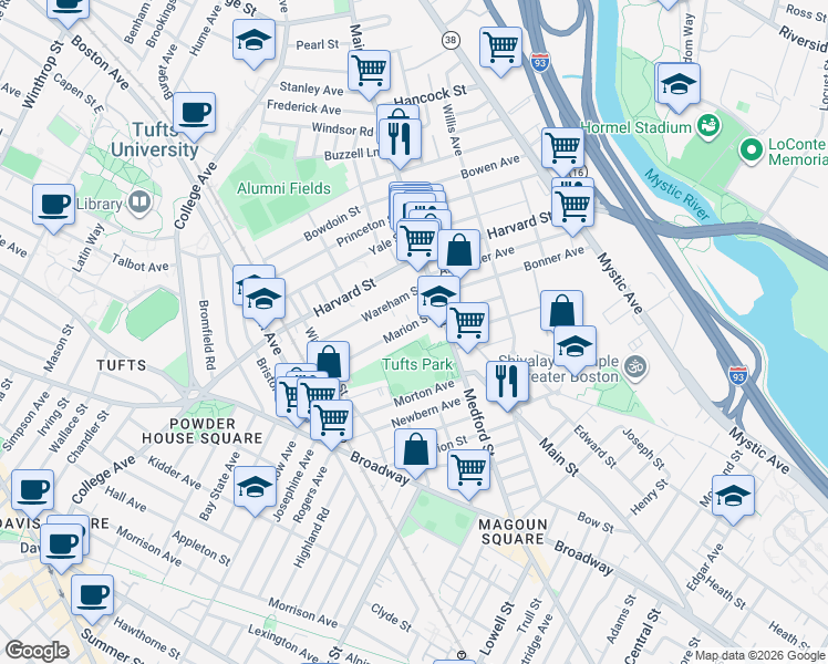map of restaurants, bars, coffee shops, grocery stores, and more near 24 Marion Street in Medford