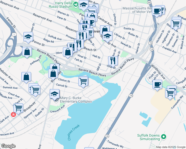 map of restaurants, bars, coffee shops, grocery stores, and more near 770 Revere Beach Parkway in Revere