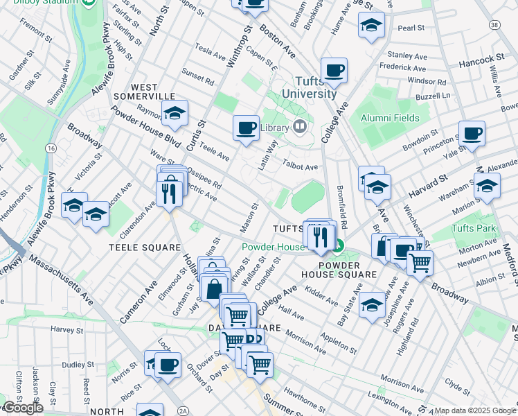 map of restaurants, bars, coffee shops, grocery stores, and more near 30 Lower Campus Road in Somerville