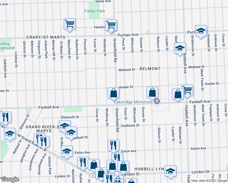 map of restaurants, bars, coffee shops, grocery stores, and more near 15372 Greenfield Road in Detroit