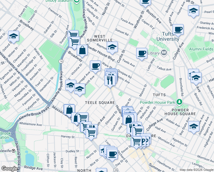 map of restaurants, bars, coffee shops, grocery stores, and more near 5 Newbury Street in Somerville