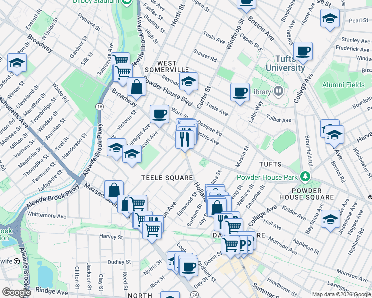 map of restaurants, bars, coffee shops, grocery stores, and more near 5 Curtis Street in Somerville