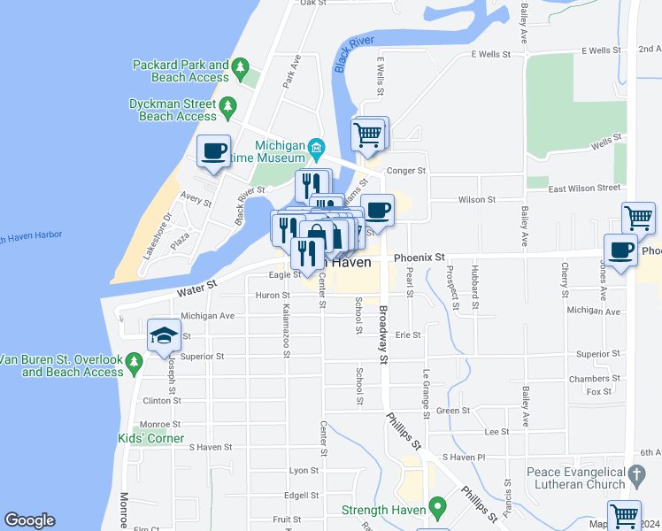 map of restaurants, bars, coffee shops, grocery stores, and more near 508 Phoenix Street in South Haven