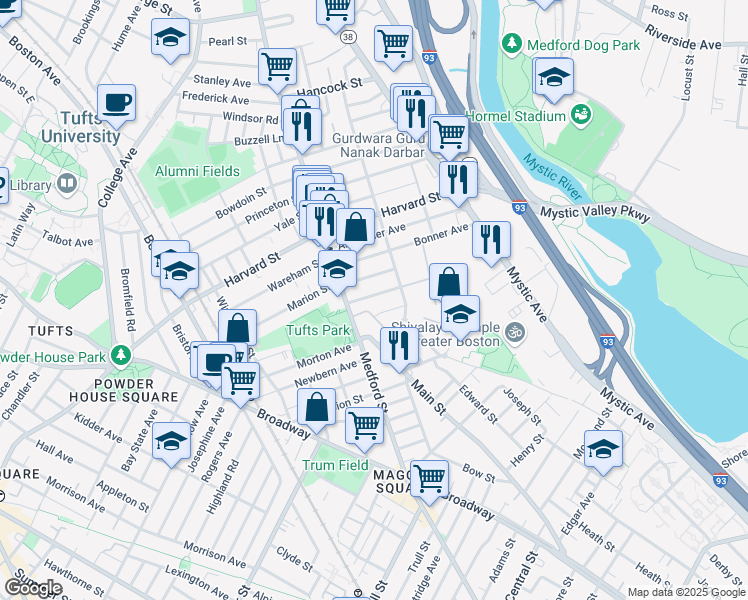 map of restaurants, bars, coffee shops, grocery stores, and more near 25 Willard Avenue in Medford