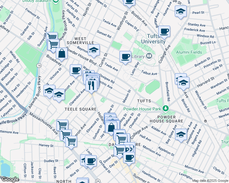 map of restaurants, bars, coffee shops, grocery stores, and more near 35 Packard Avenue in Somerville