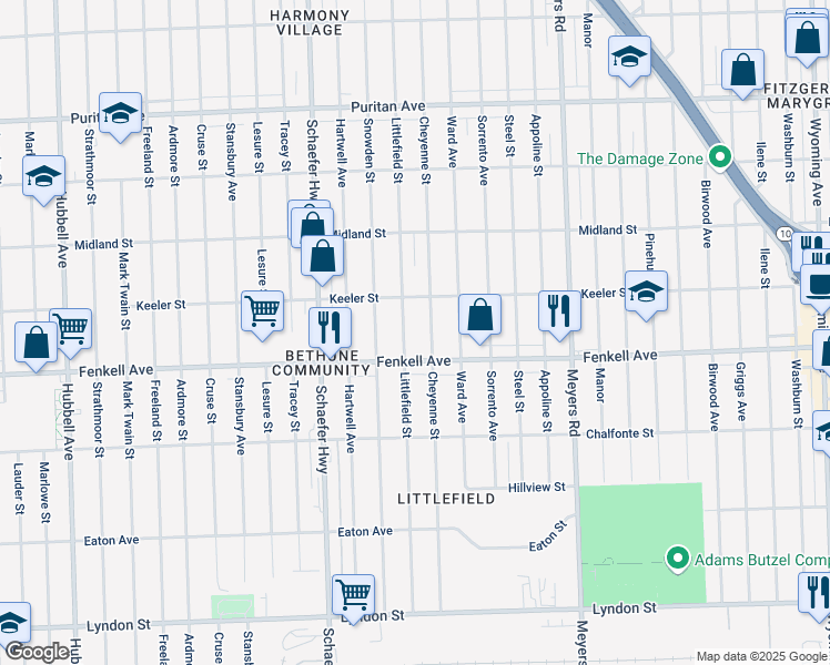 map of restaurants, bars, coffee shops, grocery stores, and more near 15377 Cheyenne Street in Detroit