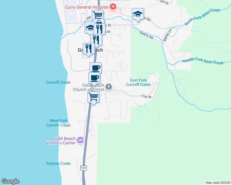 map of restaurants, bars, coffee shops, grocery stores, and more near 94193 11th Street in Gold Beach