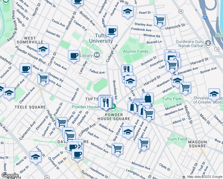 map of restaurants, bars, coffee shops, grocery stores, and more near 66 Bromfield Road in Somerville