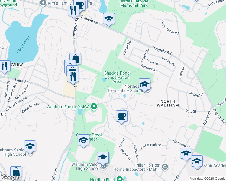 map of restaurants, bars, coffee shops, grocery stores, and more near 30 Bishops Forest Drive in Waltham