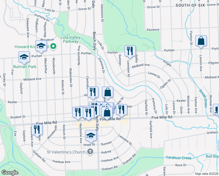 map of restaurants, bars, coffee shops, grocery stores, and more near 15719 Pomona Drive in Redford Charter Township