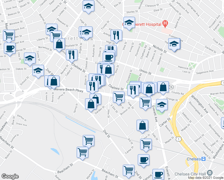 map of restaurants, bars, coffee shops, grocery stores, and more near 120 Vine Street in Everett