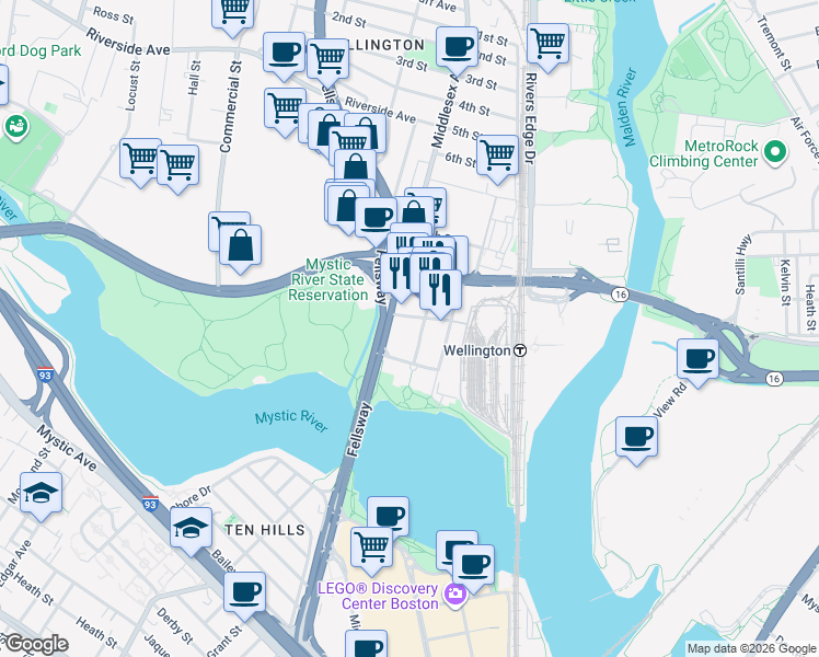 map of restaurants, bars, coffee shops, grocery stores, and more near 501 Fellsway in Medford