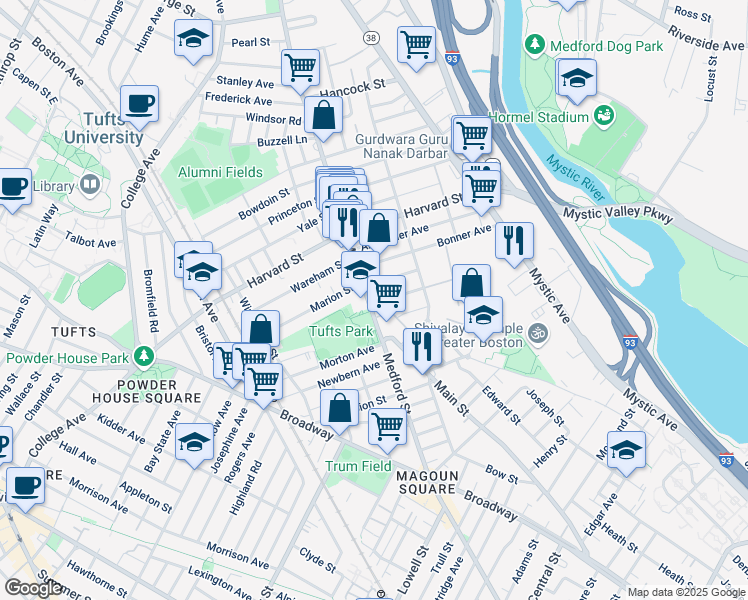 map of restaurants, bars, coffee shops, grocery stores, and more near 21 Mayberry Avenue in Medford