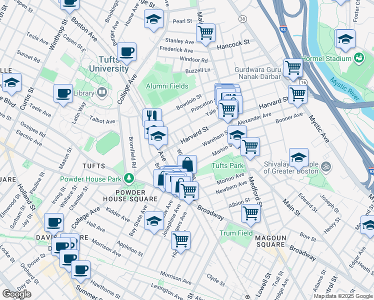 map of restaurants, bars, coffee shops, grocery stores, and more near 1 Berwick Road in Medford