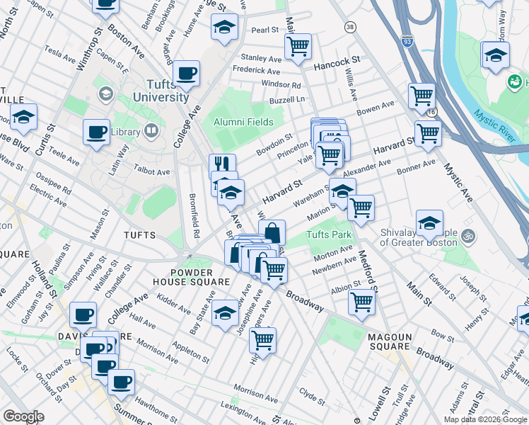 map of restaurants, bars, coffee shops, grocery stores, and more near 1 Berwick Road in Medford