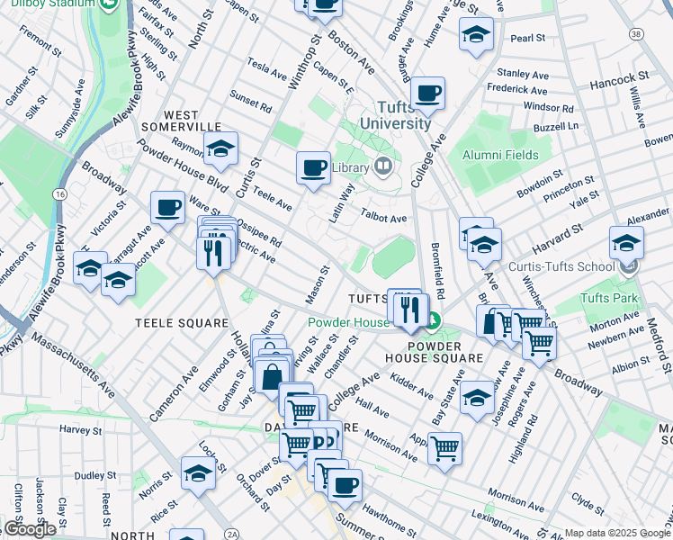map of restaurants, bars, coffee shops, grocery stores, and more near 30 Lower Campus Road in Somerville