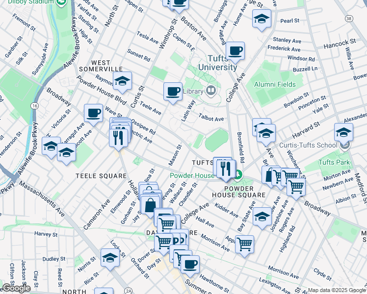 map of restaurants, bars, coffee shops, grocery stores, and more near 30 Lower Campus Road in Somerville