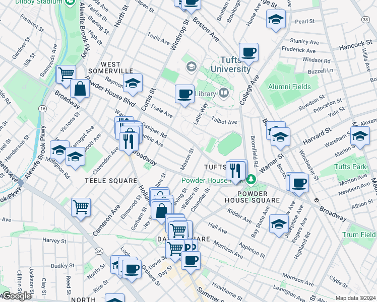 map of restaurants, bars, coffee shops, grocery stores, and more near 23 Ossipee Road in Somerville