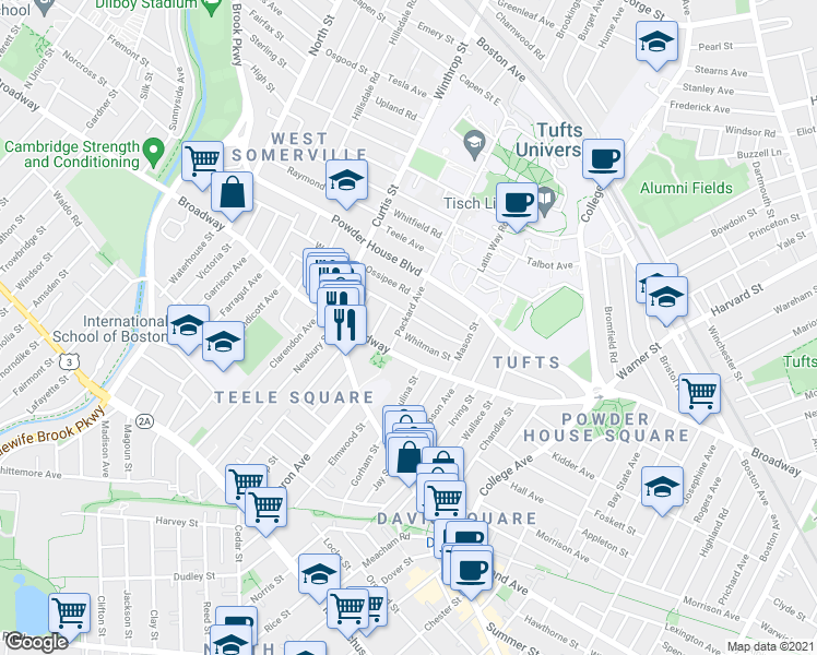 map of restaurants, bars, coffee shops, grocery stores, and more near 35 Packard Avenue in Somerville