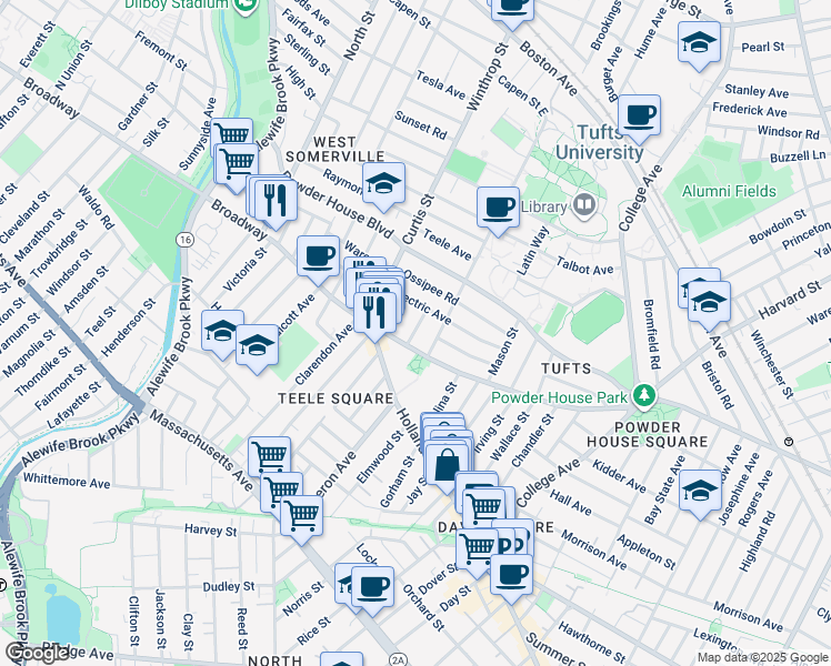 map of restaurants, bars, coffee shops, grocery stores, and more near 22 Lovell Street in Somerville