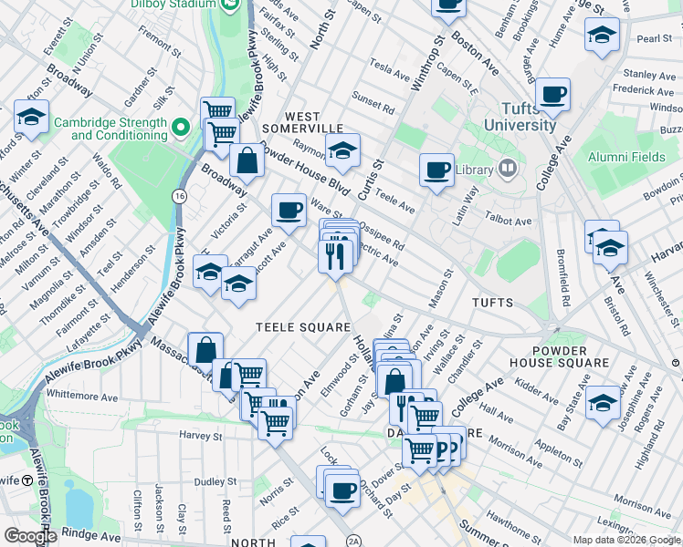 map of restaurants, bars, coffee shops, grocery stores, and more near 5 Curtis Street in Somerville