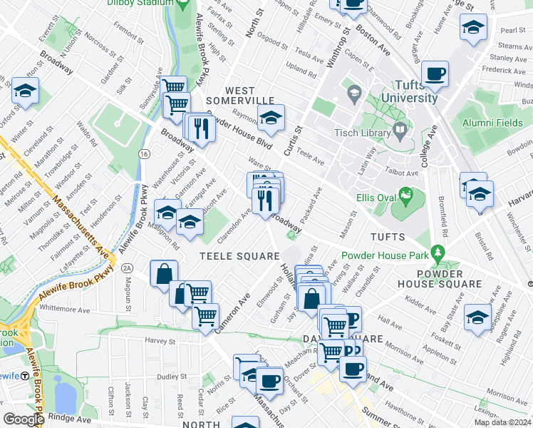 map of restaurants, bars, coffee shops, grocery stores, and more near 5 Curtis Street in Somerville