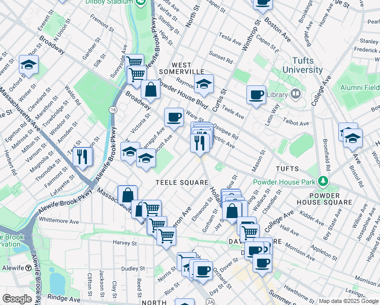 map of restaurants, bars, coffee shops, grocery stores, and more near 1188 Broadway in Somerville