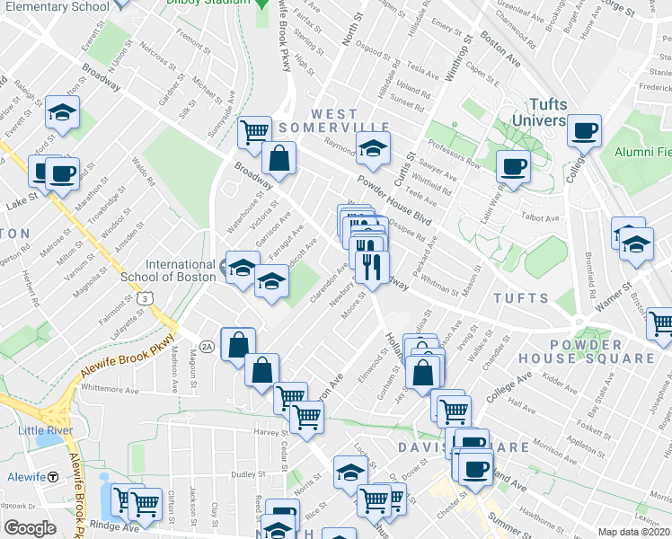 map of restaurants, bars, coffee shops, grocery stores, and more near 1188 Broadway in Somerville