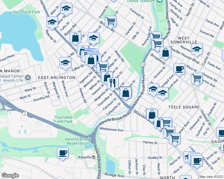 map of restaurants, bars, coffee shops, grocery stores, and more near 111 Massachusetts Avenue in Arlington