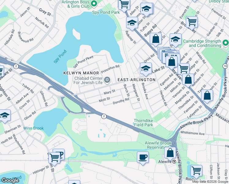 map of restaurants, bars, coffee shops, grocery stores, and more near 45-47 Mary Street in Arlington