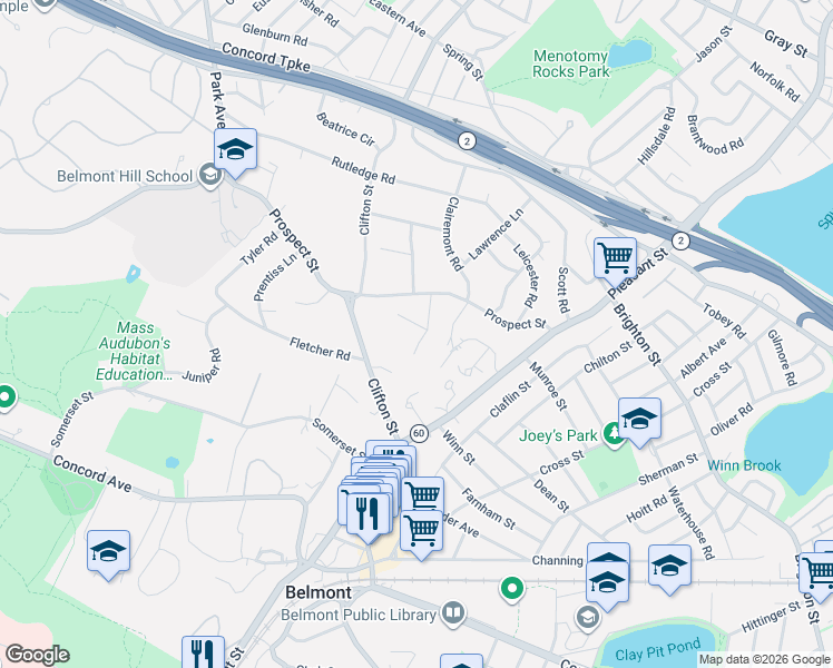 map of restaurants, bars, coffee shops, grocery stores, and more near 21 Kenmore Road in Belmont