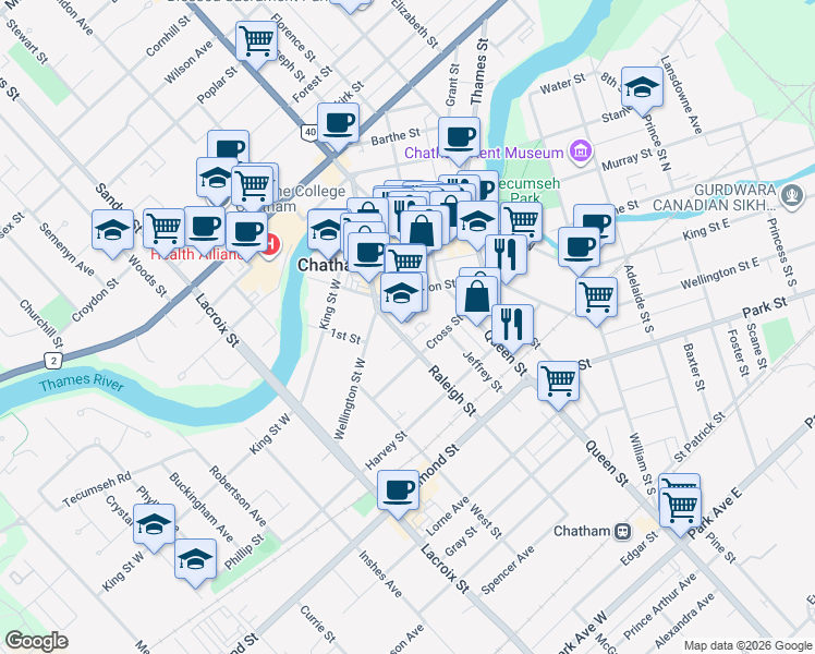 map of restaurants, bars, coffee shops, grocery stores, and more near 25 Raleigh Street in Chatham